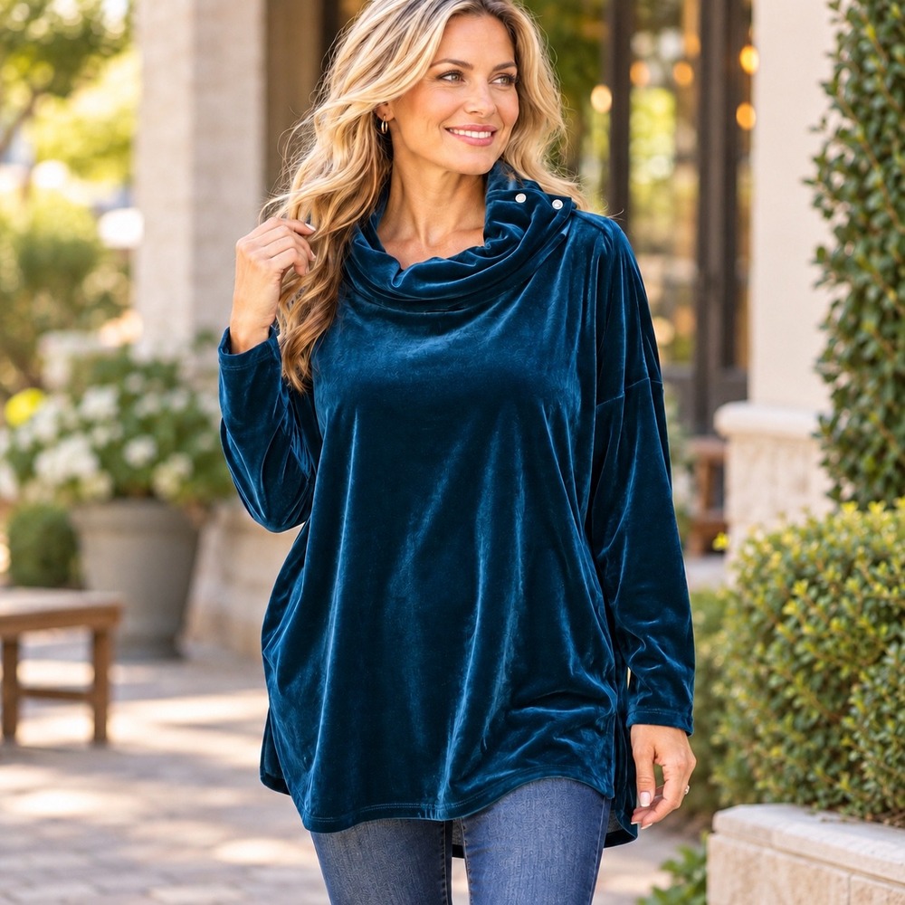 DKNY Women XL Navy Blue Velvet Cowl Neck Long Sleeve Top Pullover Soft Stretch